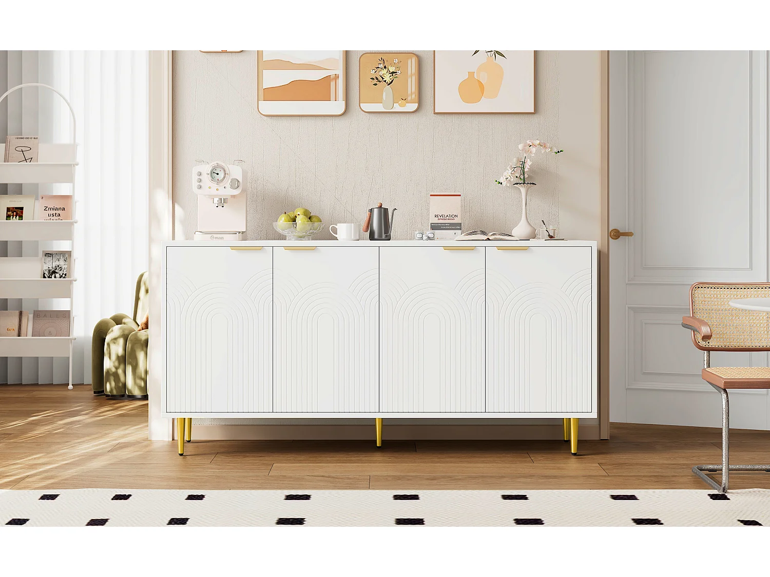 Buffet de salon - 160 x 40 x 80 cm - avec 4 portes + pieds brillants - aggloméré - blanc