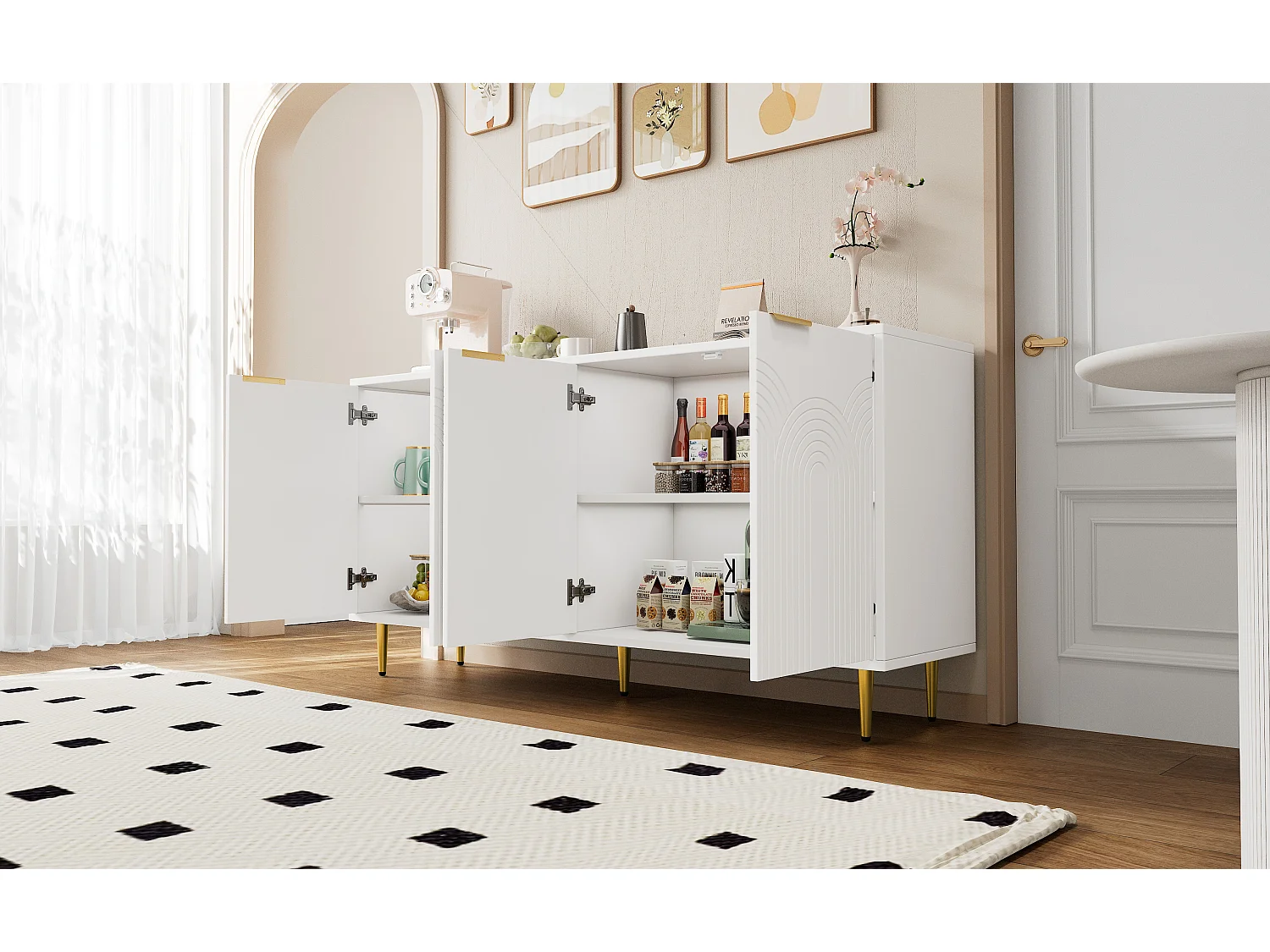 Buffet de salon - 160 x 40 x 80 cm - avec 4 portes + pieds brillants - aggloméré - blanc