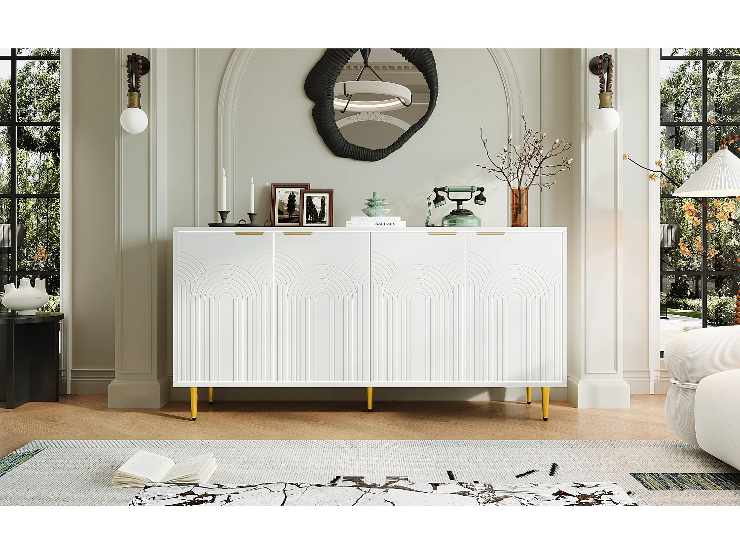 Buffet de salon - 160 x 40 x 80 cm - avec 4 portes + pieds brillants - aggloméré - blanc