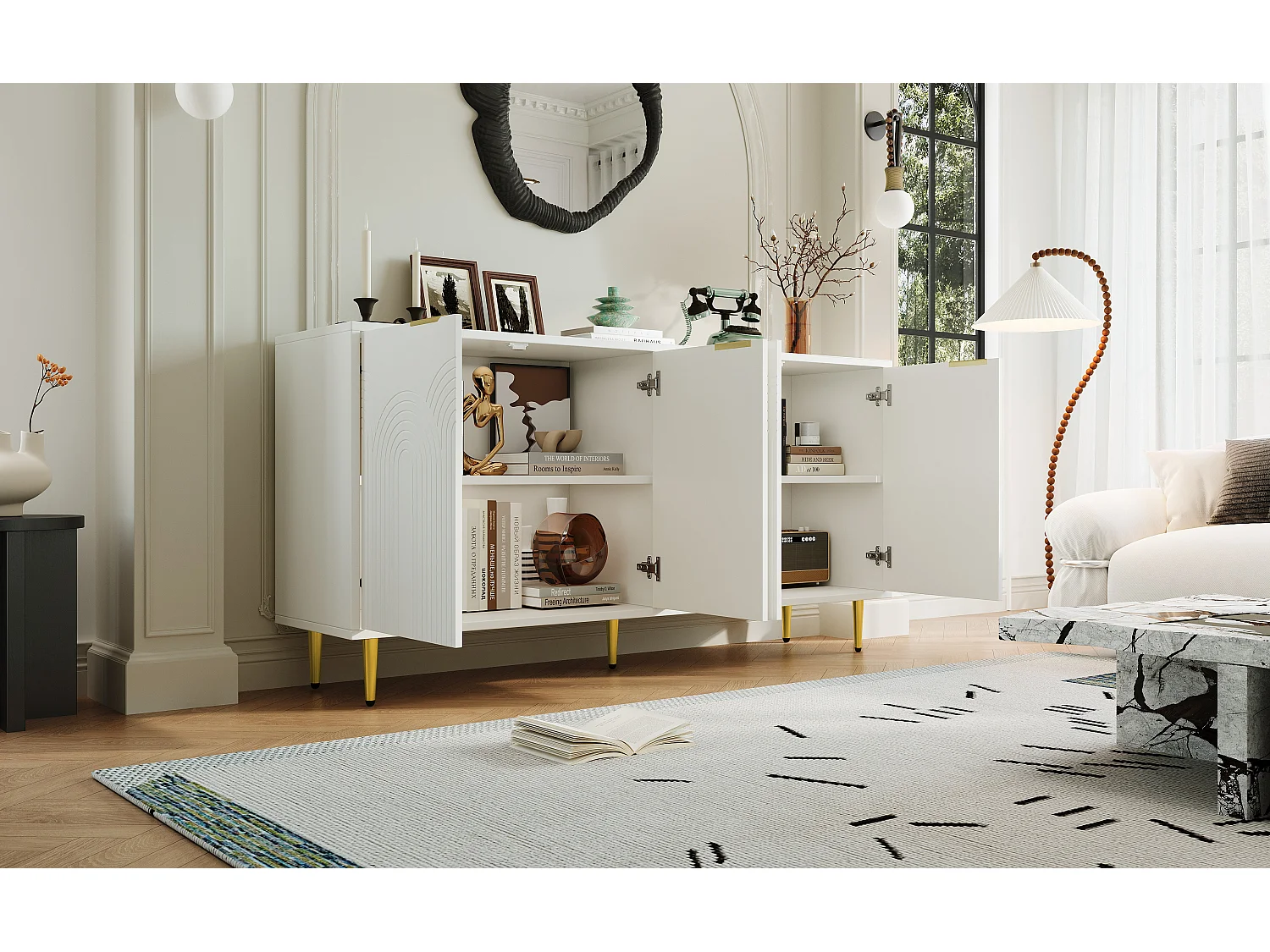 Buffet de salon - 160 x 40 x 80 cm - avec 4 portes + pieds brillants - aggloméré - blanc