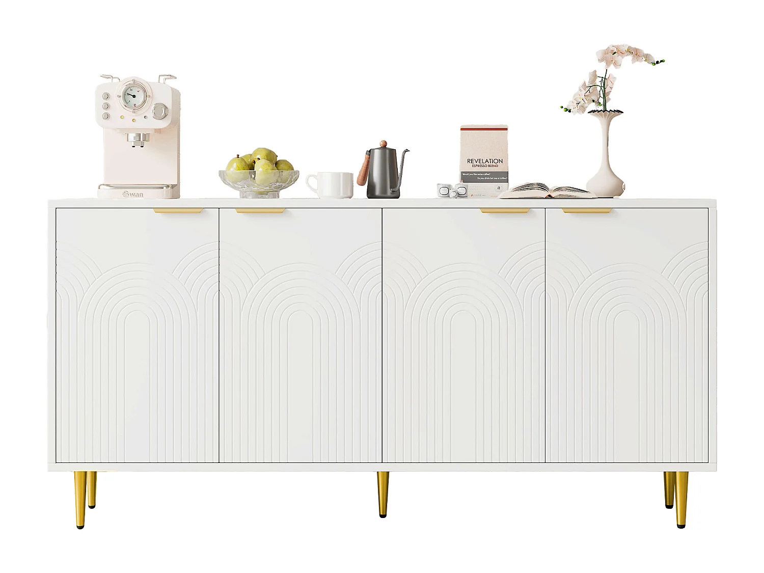 Buffet de salon - 160 x 40 x 80 cm - avec 4 portes + pieds brillants - aggloméré - blanc