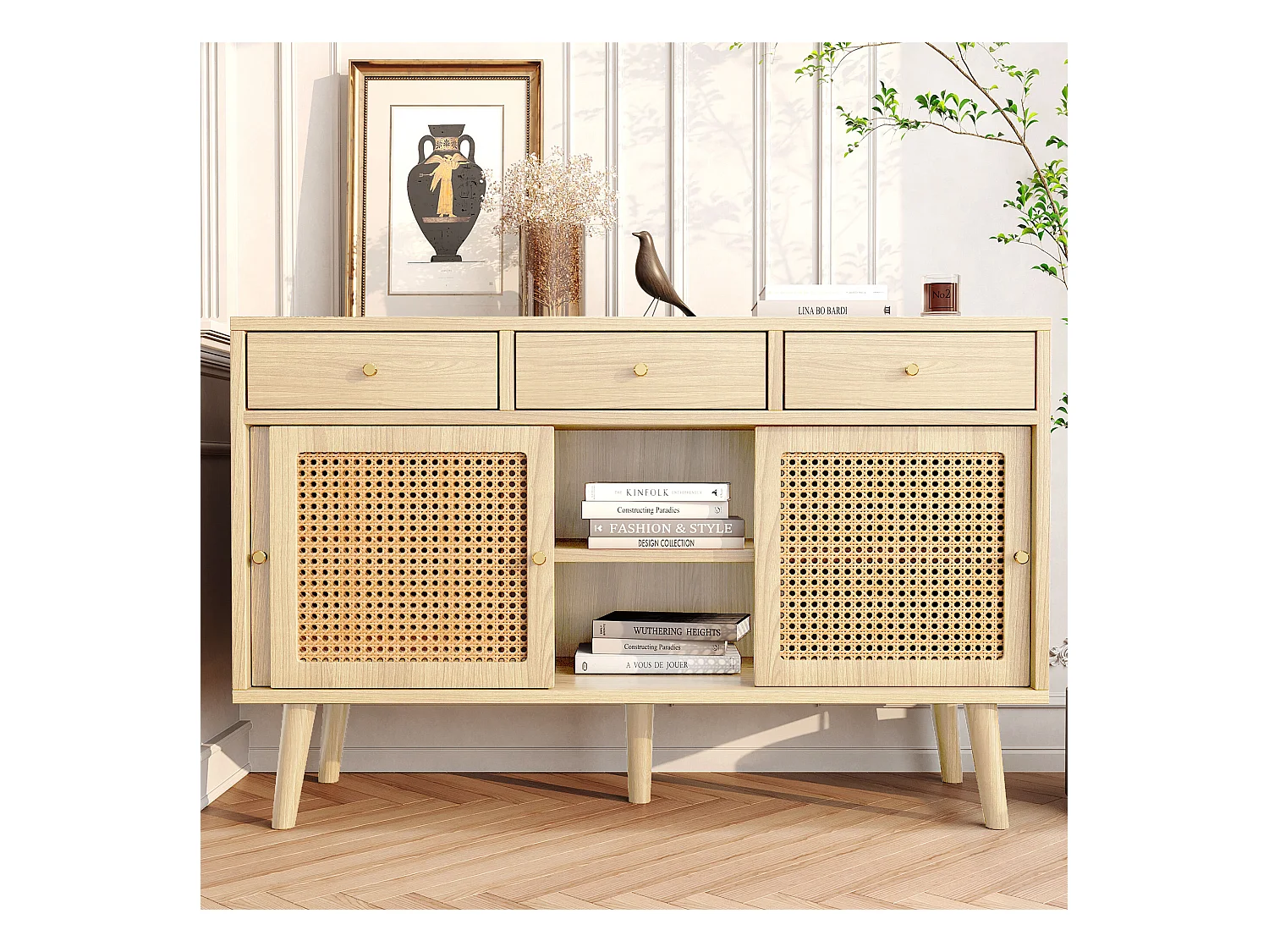 Aparador de ratán - Aparador de roble con 3 cajones y 3 puertas correderas - tiradores de metal - patas de madera