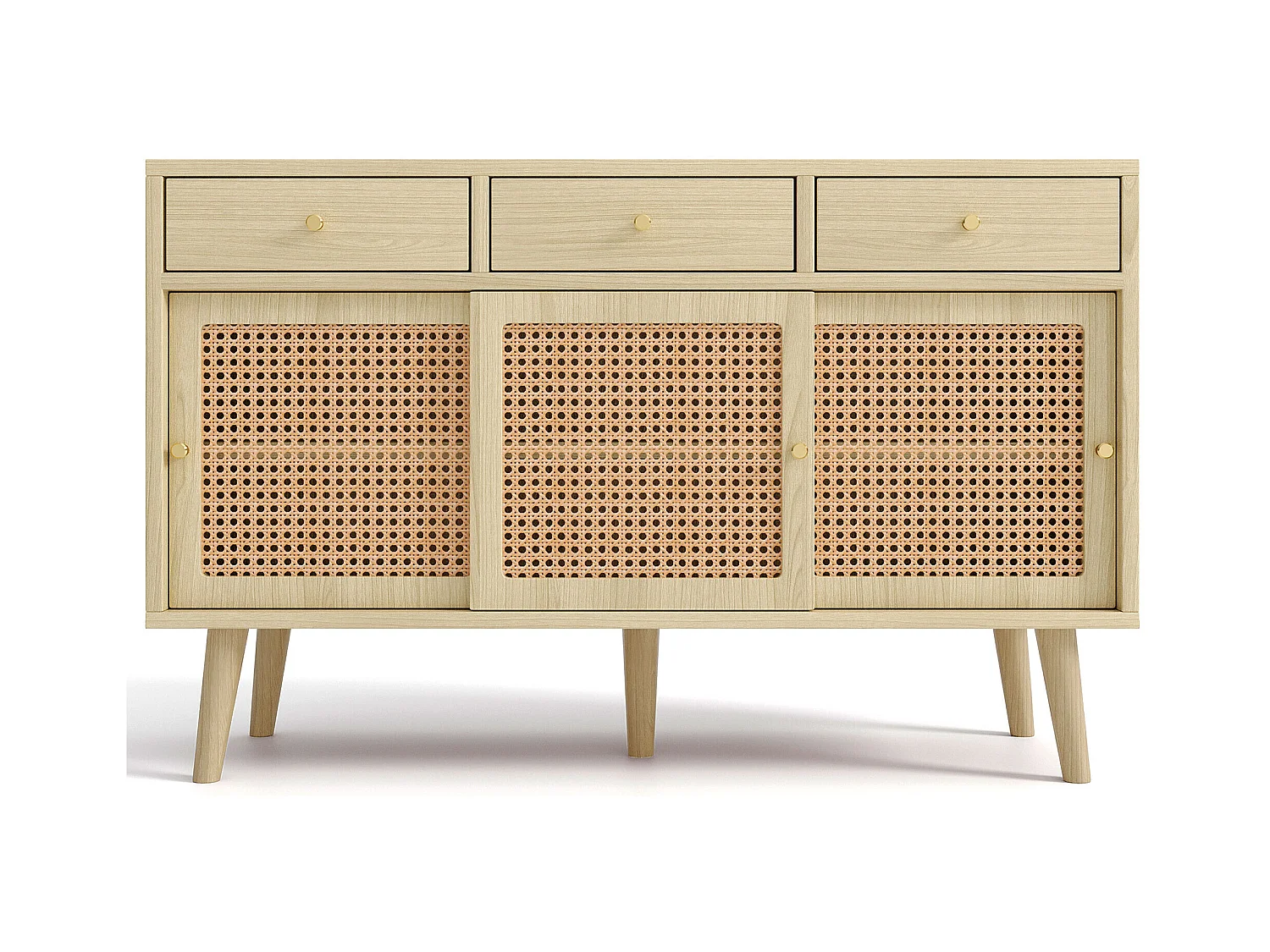 Aparador de ratán - Aparador de roble con 3 cajones y 3 puertas correderas - tiradores de metal - patas de madera