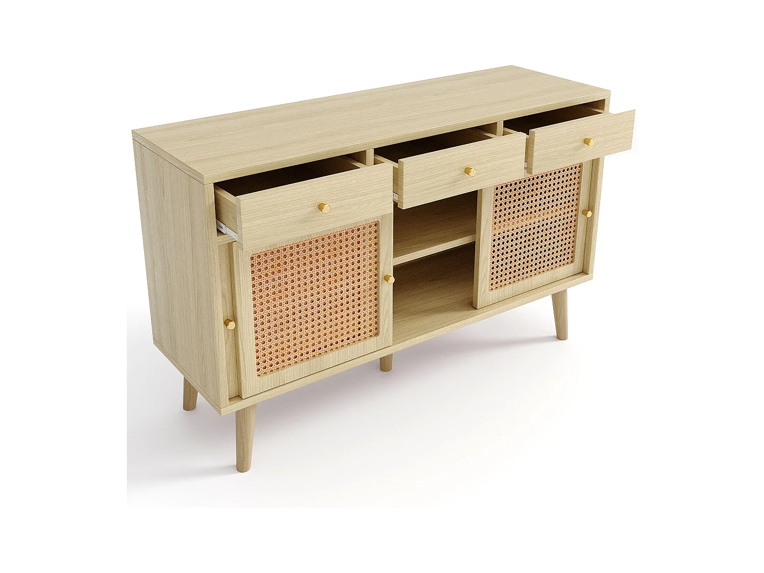 Aparador de ratán - Aparador de roble con 3 cajones y 3 puertas correderas - tiradores de metal - patas de madera