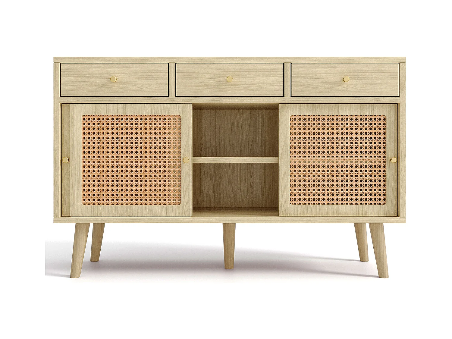 Aparador de ratán - Aparador de roble con 3 cajones y 3 puertas correderas - tiradores de metal - patas de madera