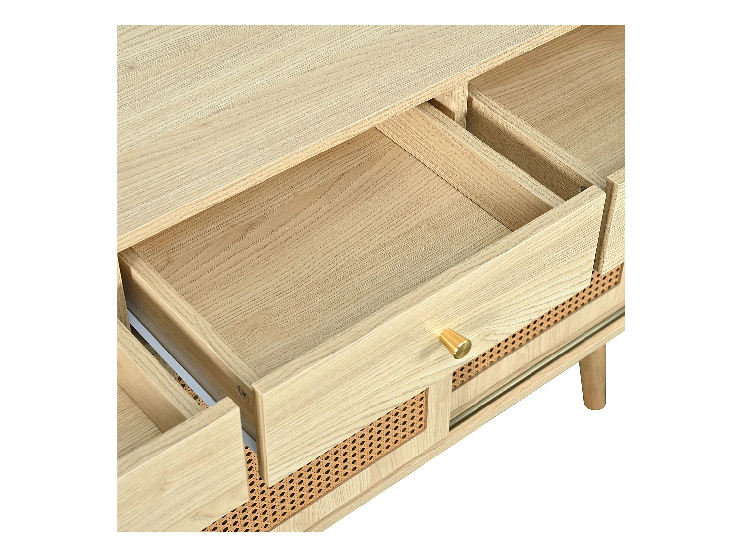 Aparador de ratán - Aparador de roble con 3 cajones y 3 puertas correderas - tiradores de metal - patas de madera