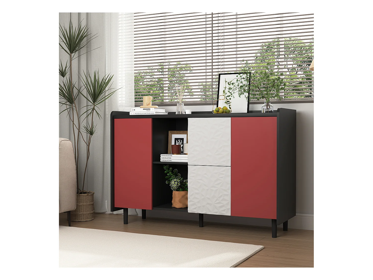 Buffet noir - Buffet avec 2 tiroirs et 2 porte - 2 rangements ouverts - pour salle à manger et salon