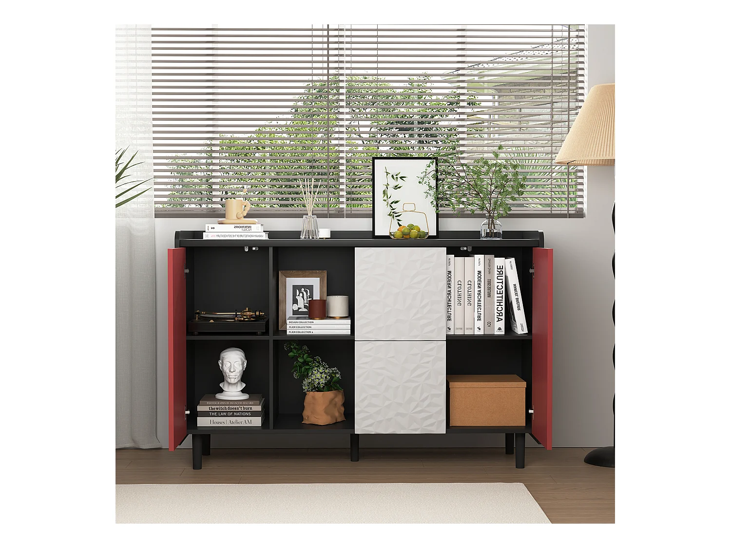 Buffet noir - Buffet avec 2 tiroirs et 2 porte - 2 rangements ouverts - pour salle à manger et salon