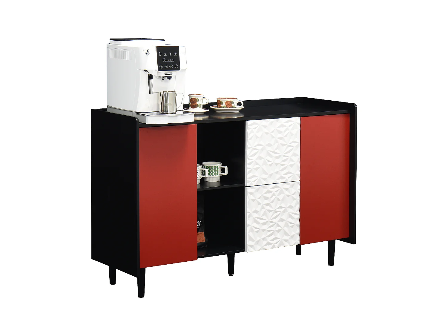 Buffet noir - Buffet avec 2 tiroirs et 2 porte - 2 rangements ouverts - pour salle à manger et salon