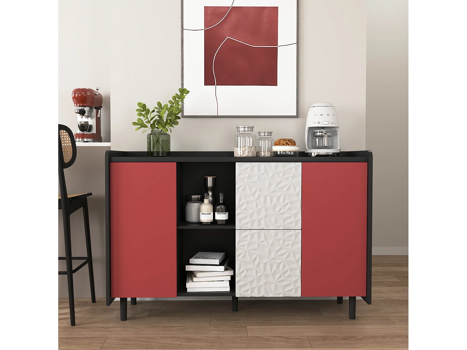 Credenza nera - Credenza con 2 cassetti e 2 ante - 2 vani portaoggetti aperti - per sala da pranzo e soggiorno