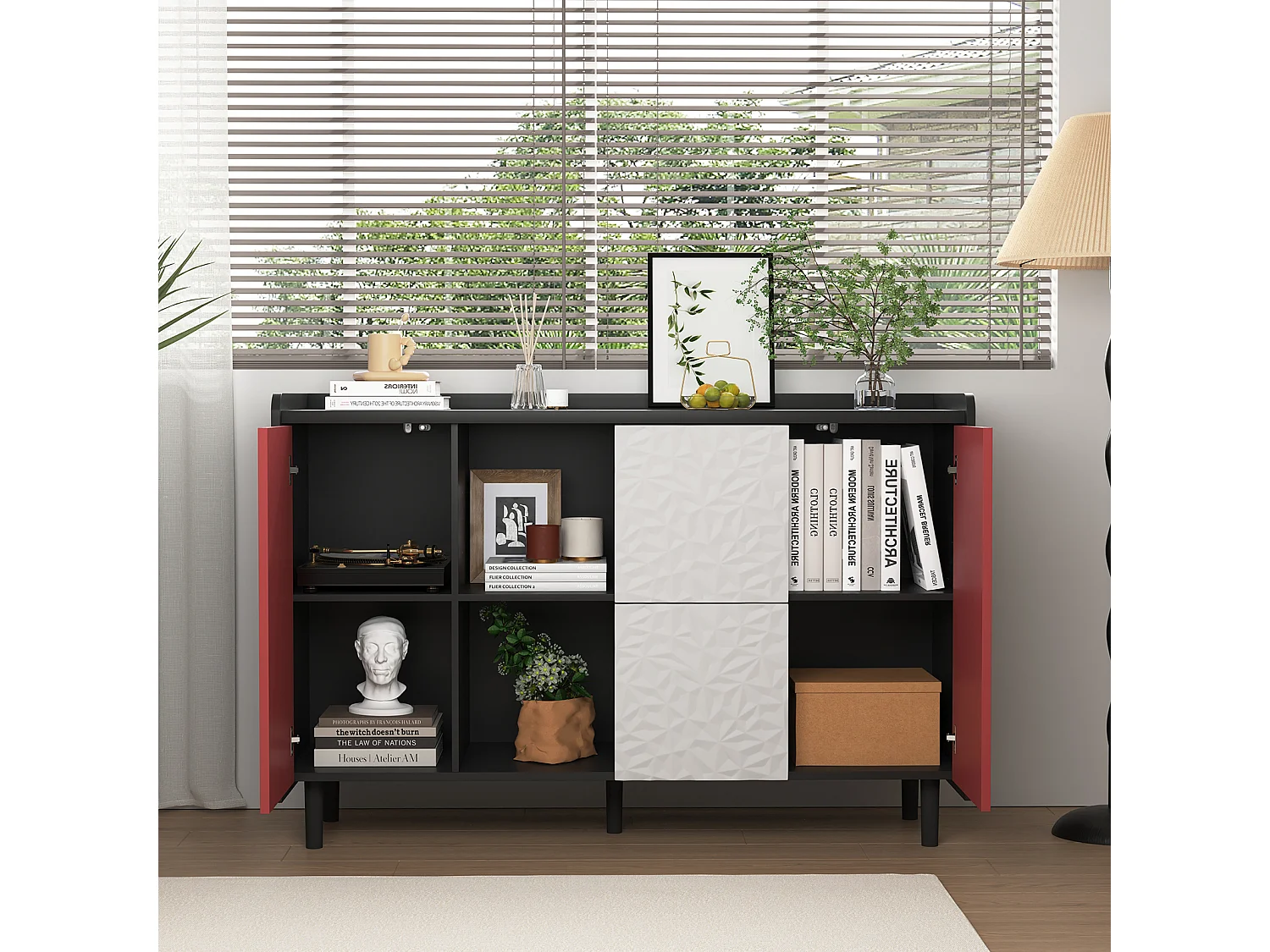 Credenza nera - Credenza con 2 cassetti e 2 ante - 2 vani portaoggetti aperti - per sala da pranzo e soggiorno