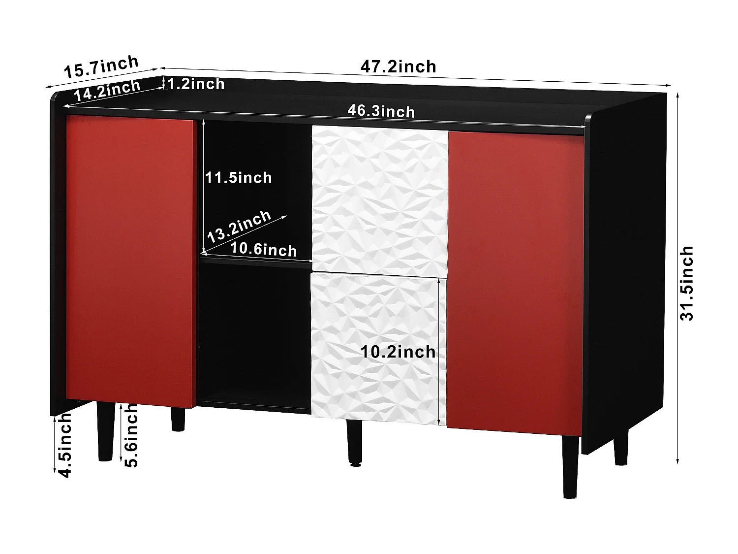Credenza nera - Credenza con 2 cassetti e 2 ante - 2 vani portaoggetti aperti - per sala da pranzo e soggiorno
