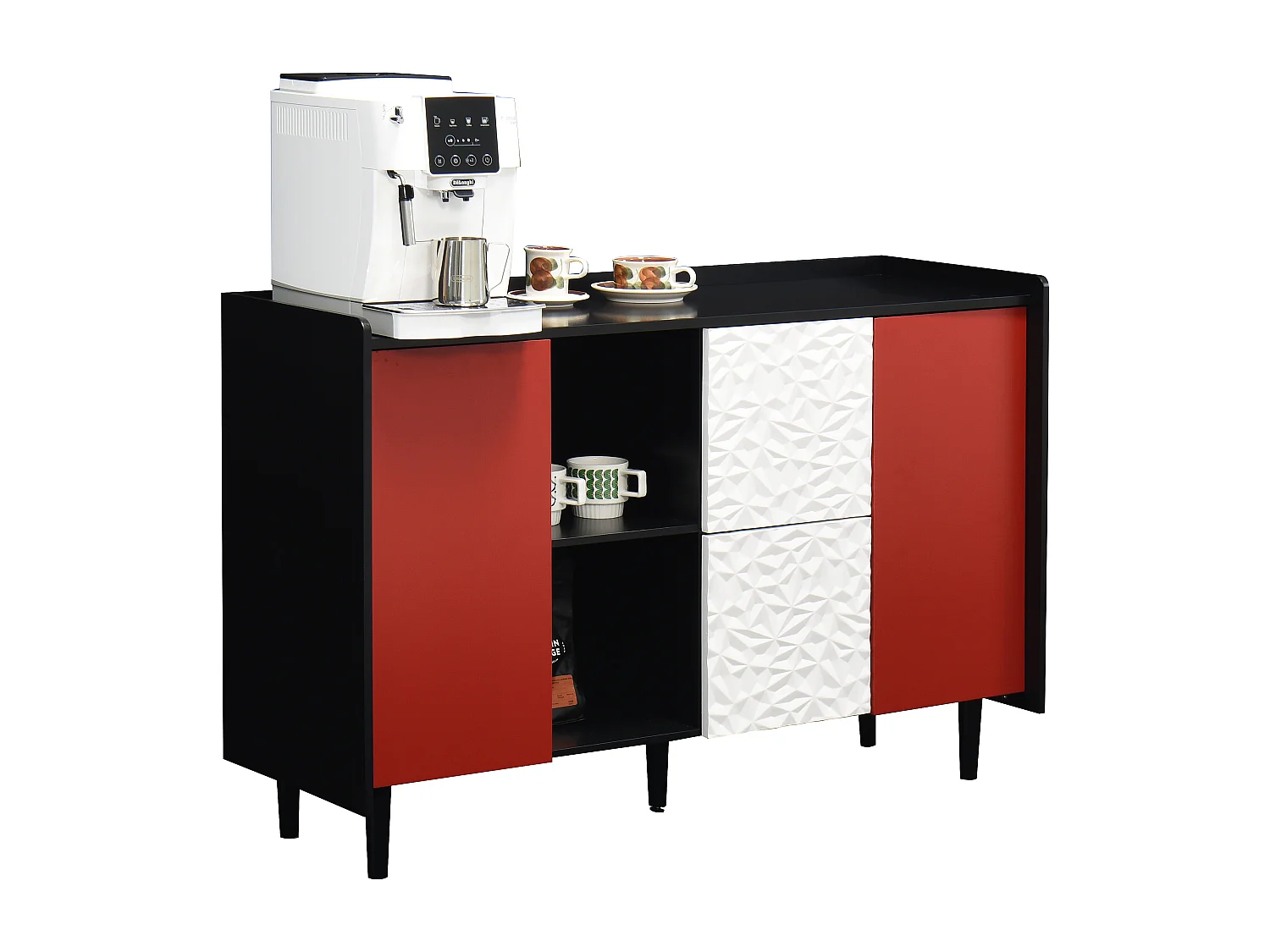 Credenza nera - Credenza con 2 cassetti e 2 ante - 2 vani portaoggetti aperti - per sala da pranzo e soggiorno