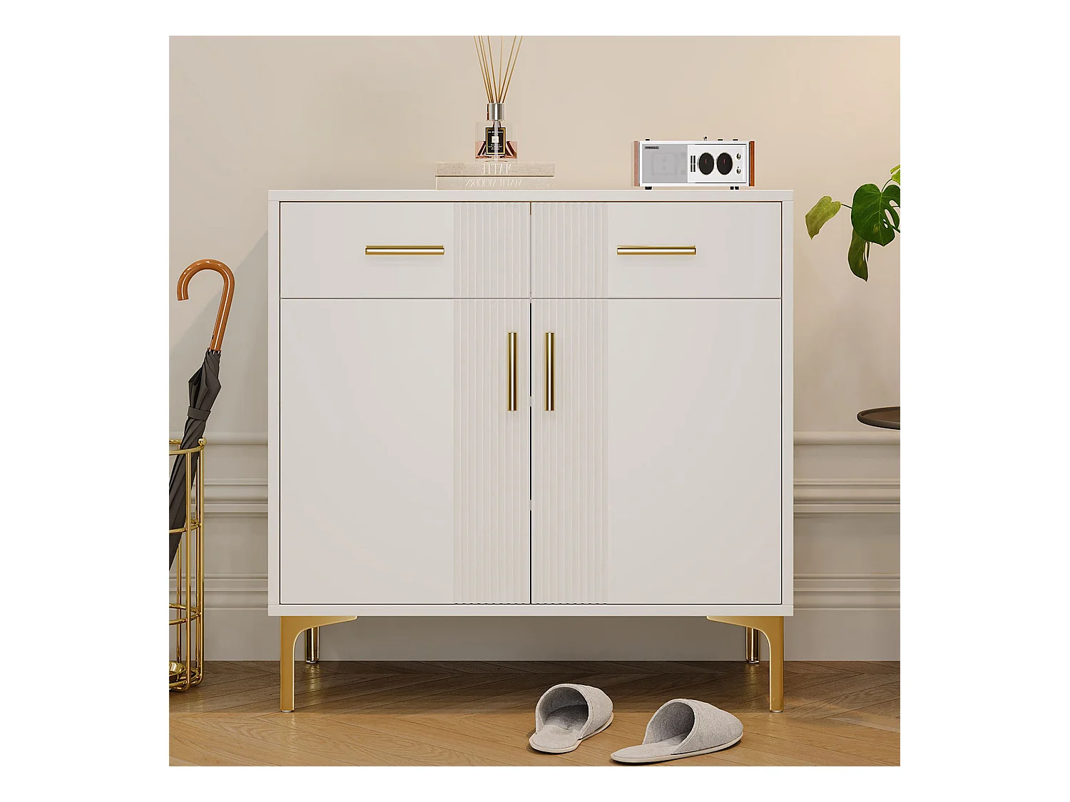 Modernes niedriges Sideboard – 80 x 35 x 79,5 cm – mit 2 Türen + 2 Schubladen – Metallbeine – MDF – weiß