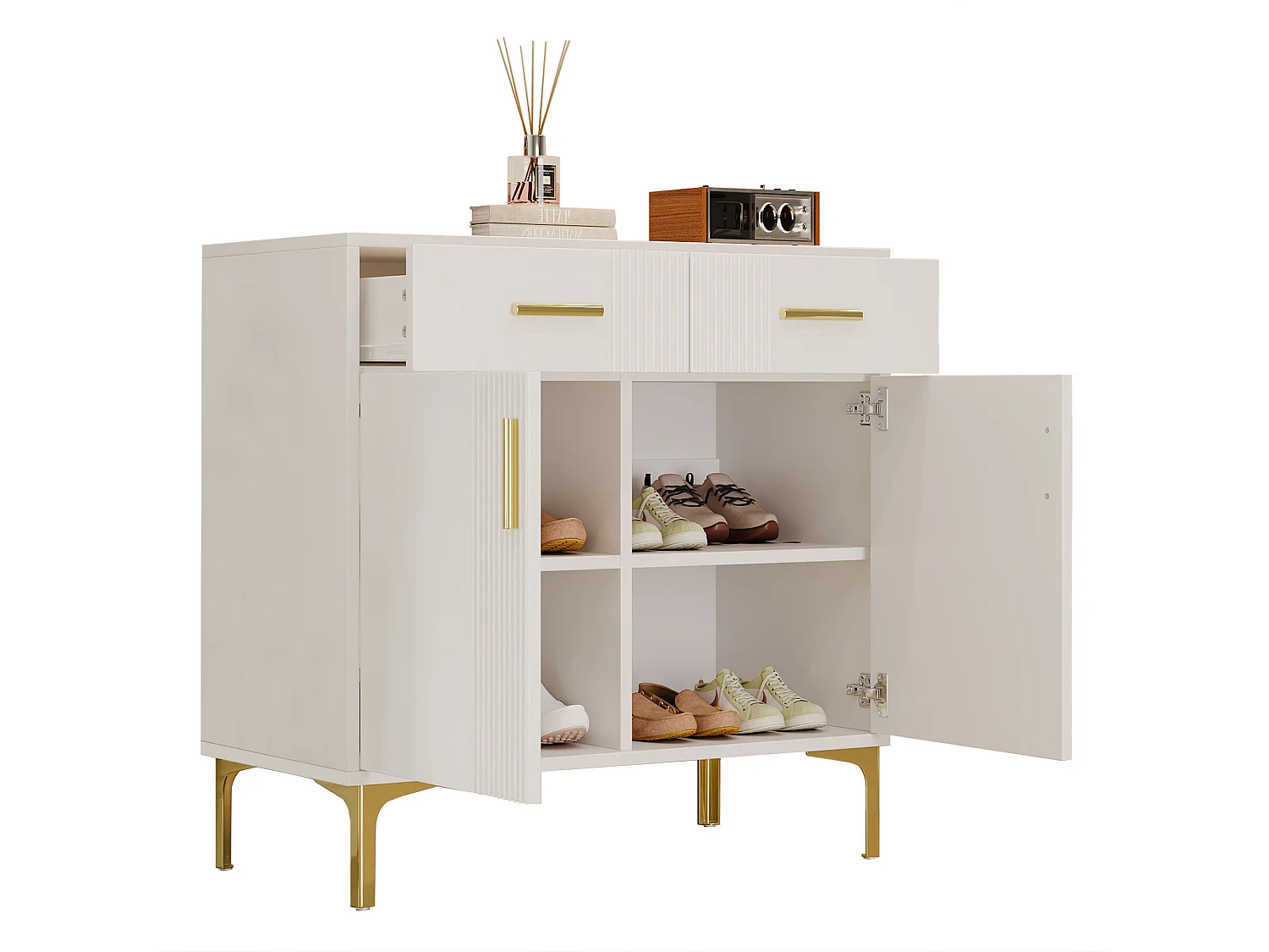 Credenza bassa moderna - 80 x 35 x 79,5 cm - con 2 ante + 2 cassetti - gambe in metallo - MDF - bianco