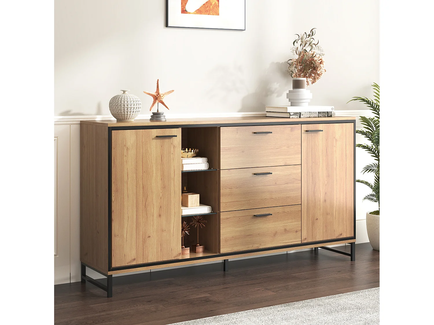 URBAN MEUBLE Buffet effet bois et noir 3 tiroirs, 3 niches et 2 portes avec éclairage LED