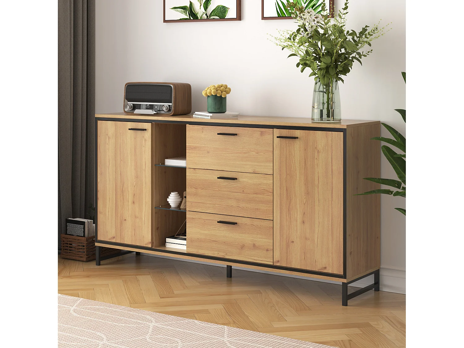 URBAN MEUBLE Buffet effet bois et noir 3 tiroirs, 3 niches et 2 portes avec éclairage LED