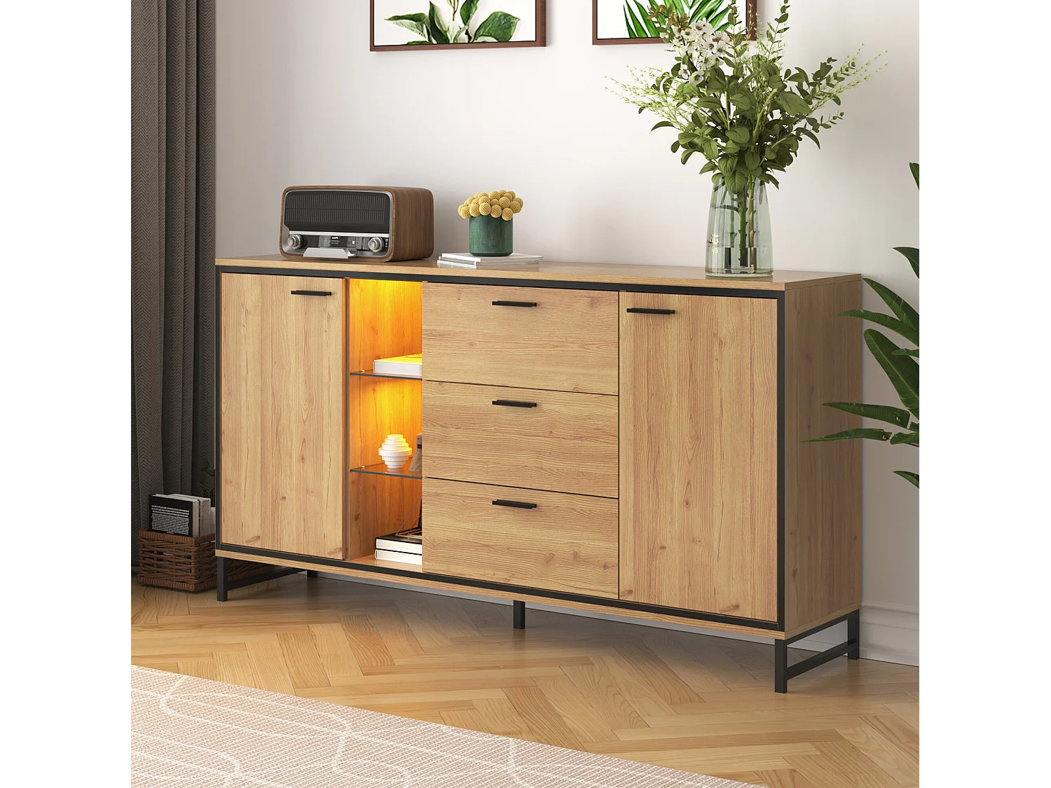 URBAN MEUBLE Buffet effet bois et noir 3 tiroirs, 3 niches et 2 portes avec éclairage LED
