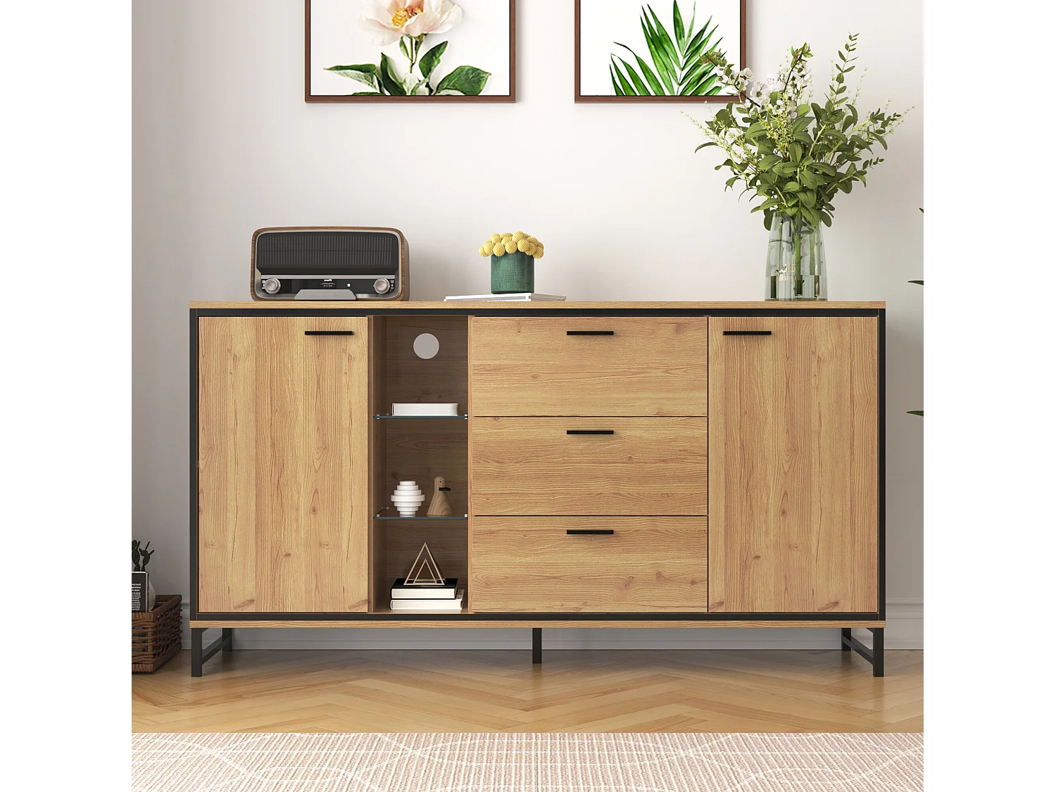 URBAN MEUBLE Buffet effet bois et noir 3 tiroirs, 3 niches et 2 portes avec éclairage LED