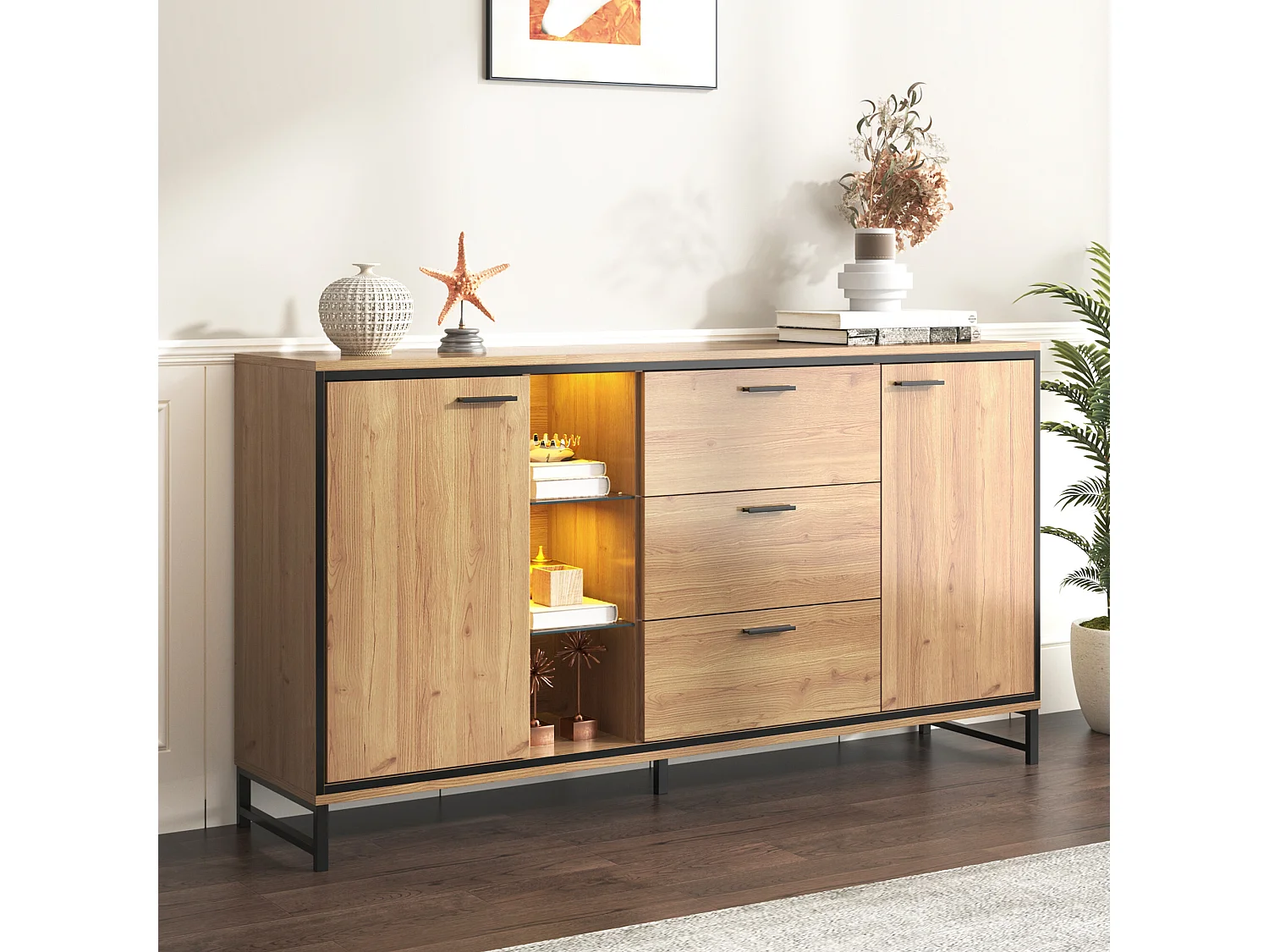 URBAN MEUBLE Buffet effet bois et noir 3 tiroirs, 3 niches et 2 portes avec éclairage LED