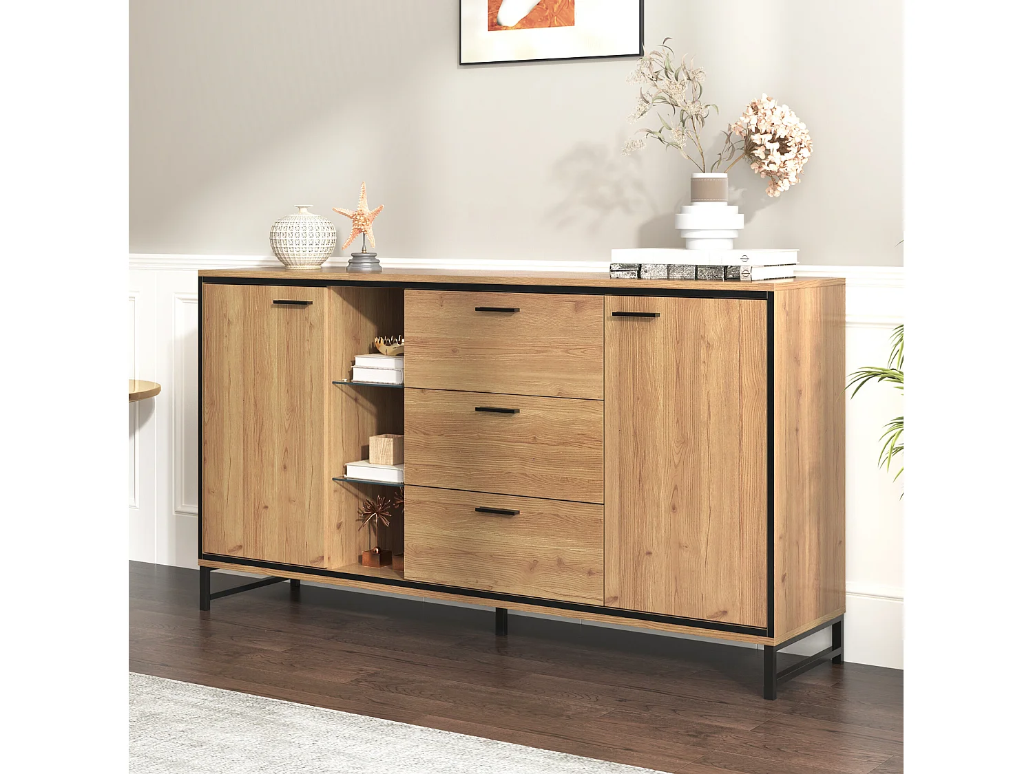 URBAN MEUBLE Buffet effet bois et noir 3 tiroirs, 3 niches et 2 portes avec éclairage LED