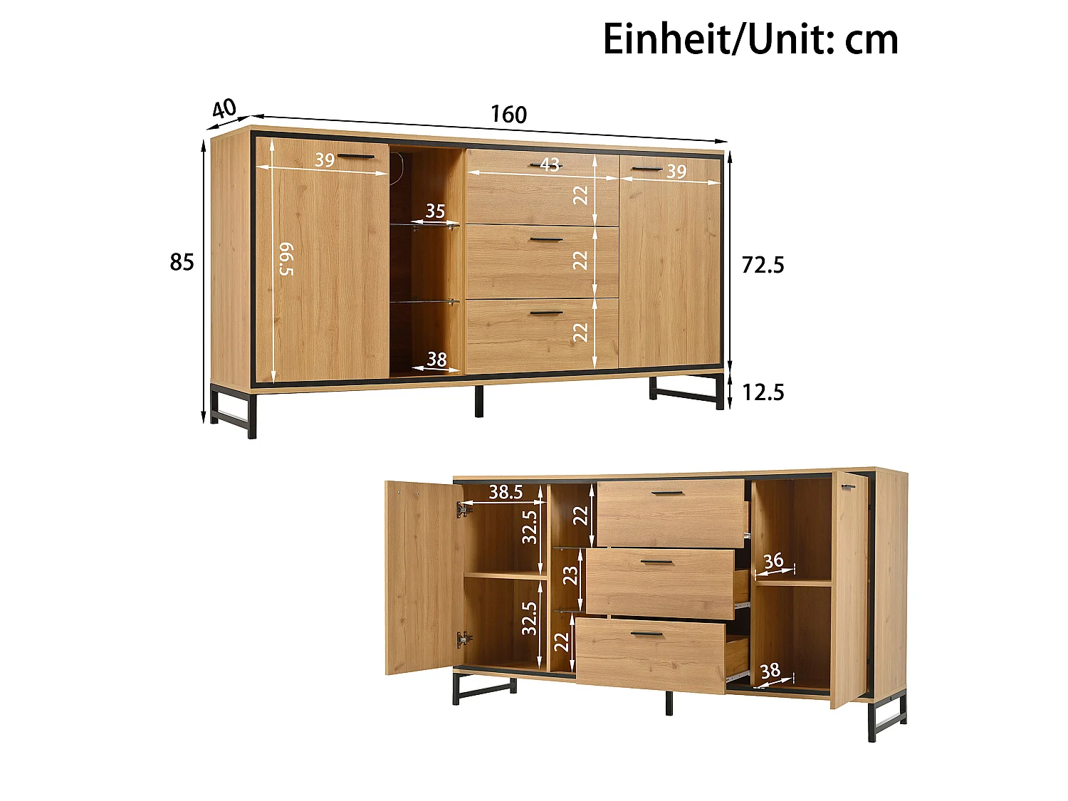 URBAN MEUBLE Buffet effet bois et noir 3 tiroirs, 3 niches et 2 portes avec éclairage LED