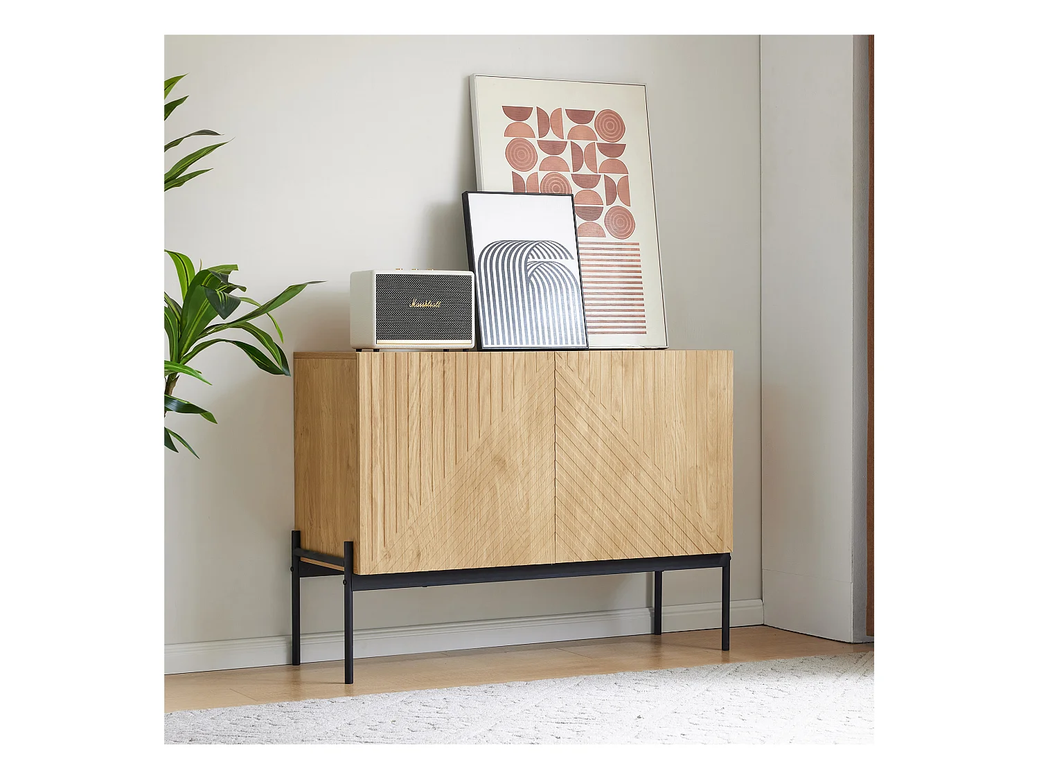 Aparador rectangular natural 100 cm - Aparador con 2 puertas y patas de metal - para comedor y salón