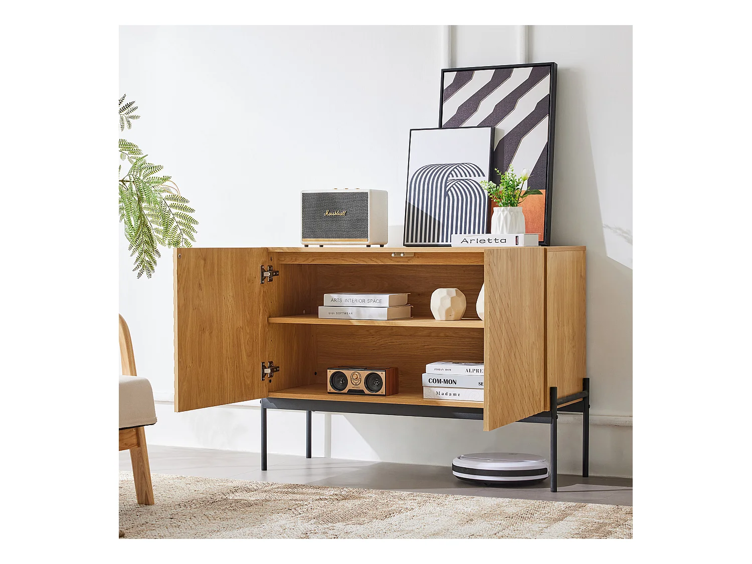 Credenza rettangolare naturale 100 cm - Credenza con 2 ante e gambe in metallo - per sala da pranzo e soggiorno