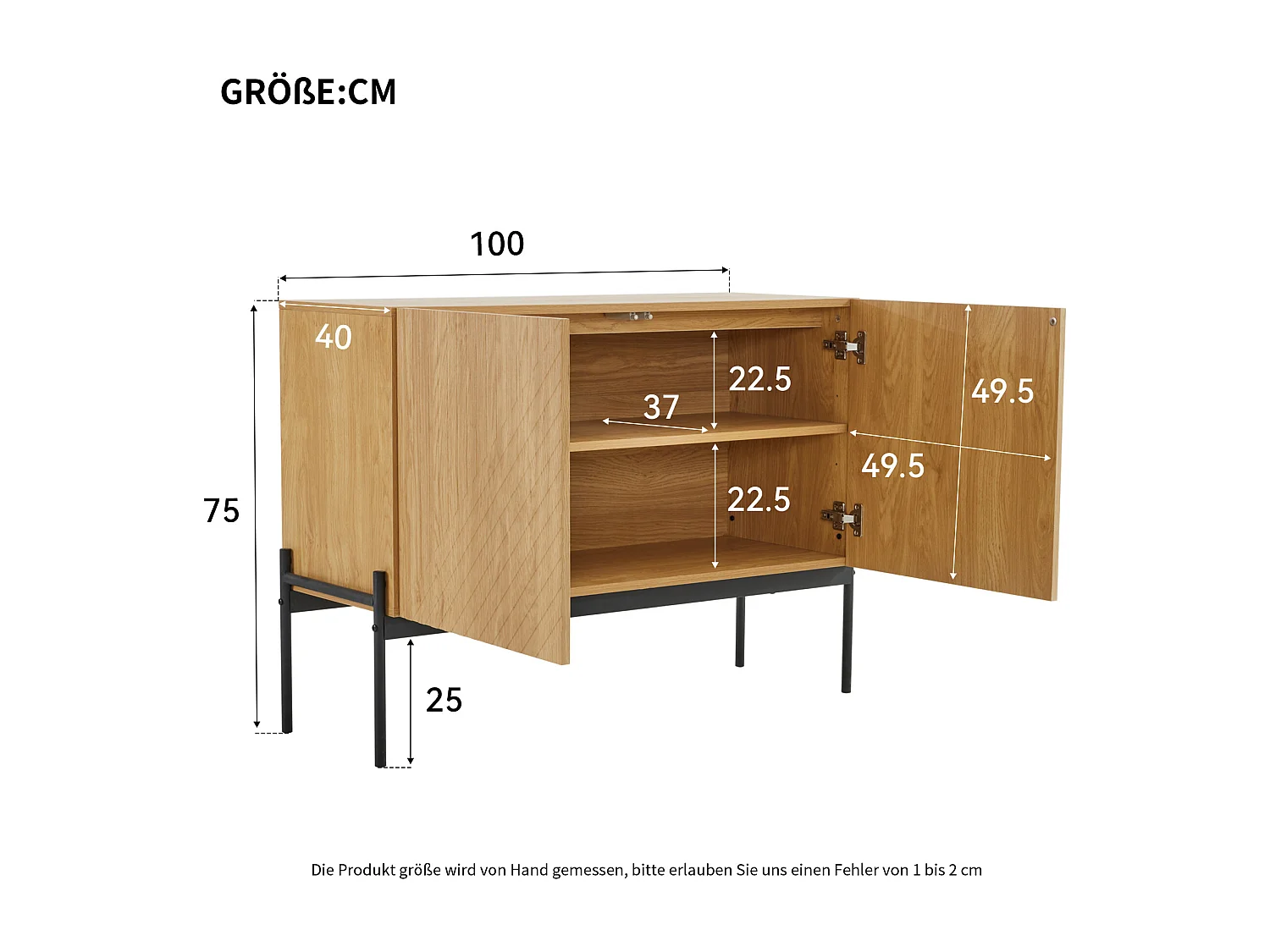 Buffet rectangulaire naturel 100 cm - Buffet 2 portes et pieds en métal - pour salle à manger et salon