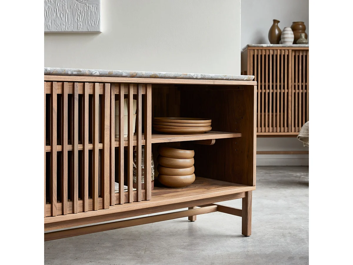 Credenza Isaure in legno di noce massello e battuto di terrazzo premium 160 cm