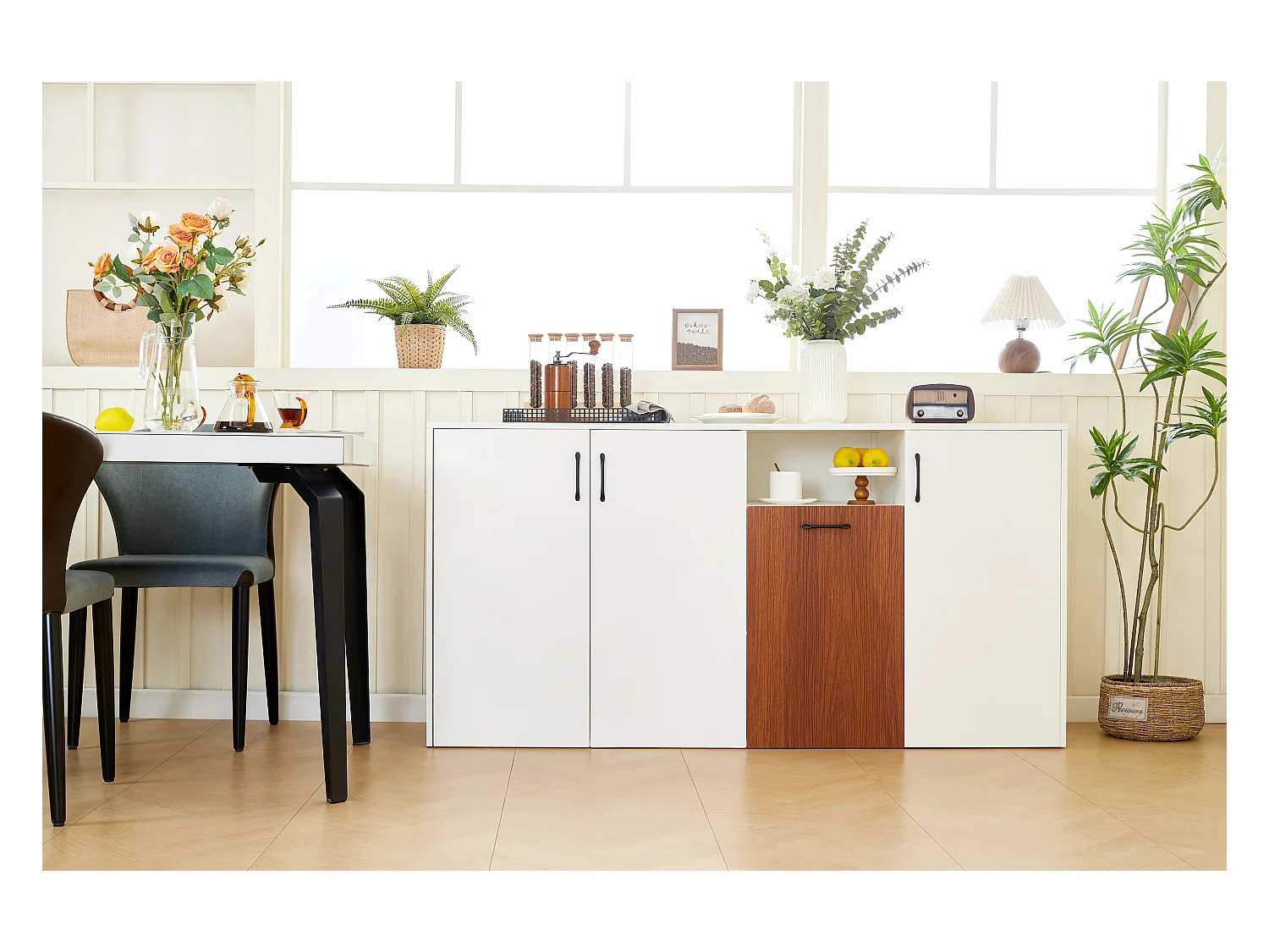 Buffet bas - 160 x 40 x 80 cm - avec 4 portes - pour cuisine maison salon - aggloméré - blanc