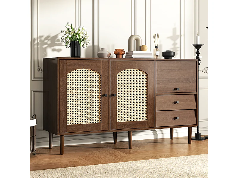 Aparador elegante - con puertas de ratán y 2 cajones - estantes regulables - tiradores negros - color madera