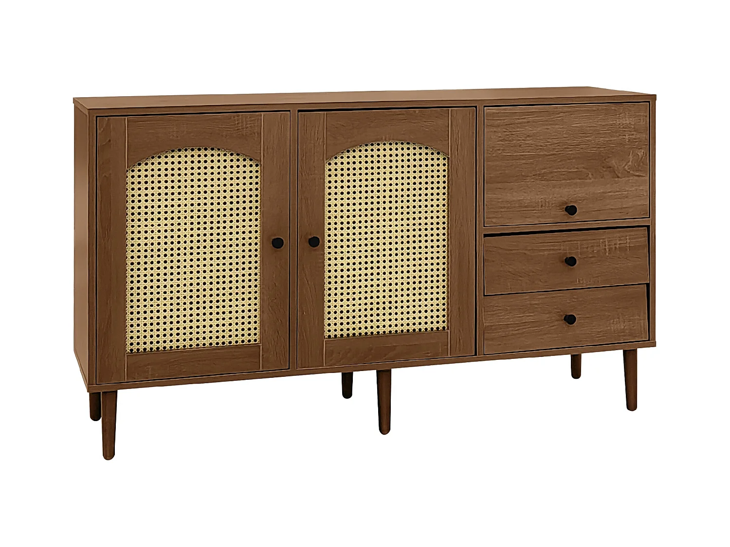 Buffet élégant - avec portes en rotin et 2 tiroirs - étagères réglables - poignées noires - couleur bois
