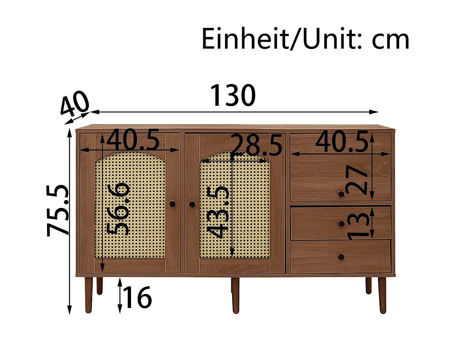 Buffet élégant - avec portes en rotin et 2 tiroirs - étagères réglables - poignées noires - couleur bois