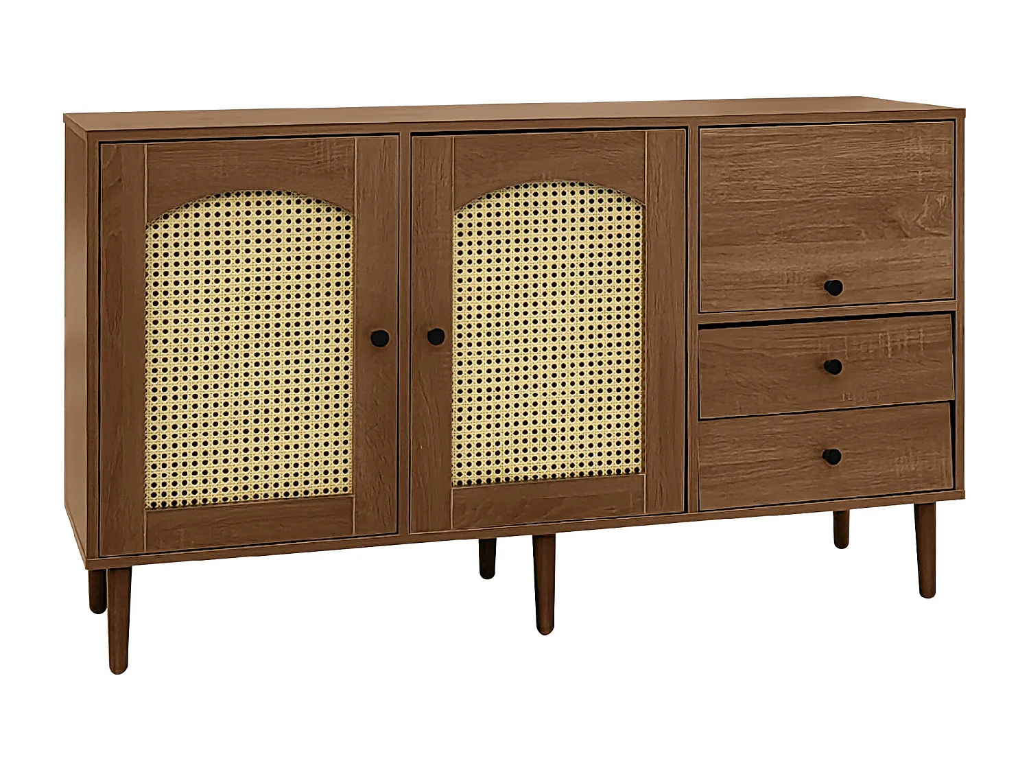 Buffet élégant - avec portes en rotin et 2 tiroirs - étagères réglables - poignées noires - couleur bois