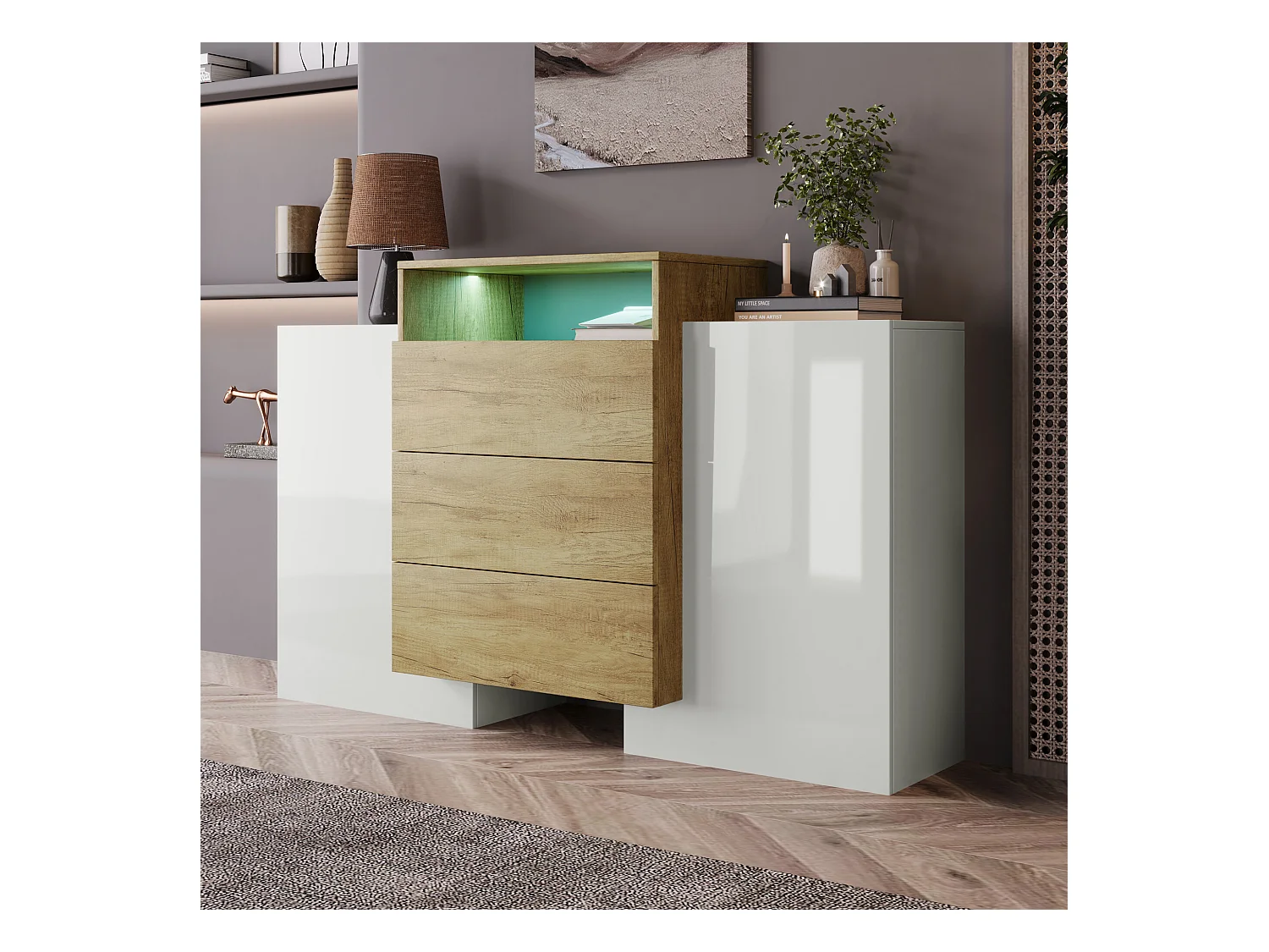 URBAN MEUBLE Buffet moderne blanc brillant et effet bois 2 portes, niche, 3 tiroirs avec éclairage