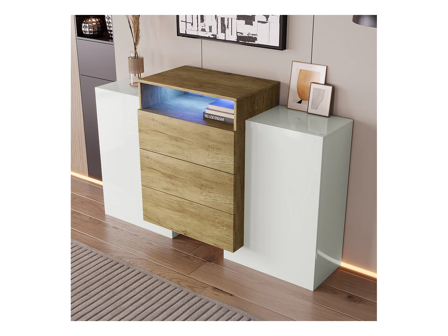 URBAN MEUBLE Buffet moderne blanc brillant et effet bois 2 portes, niche, 3 tiroirs avec éclairage