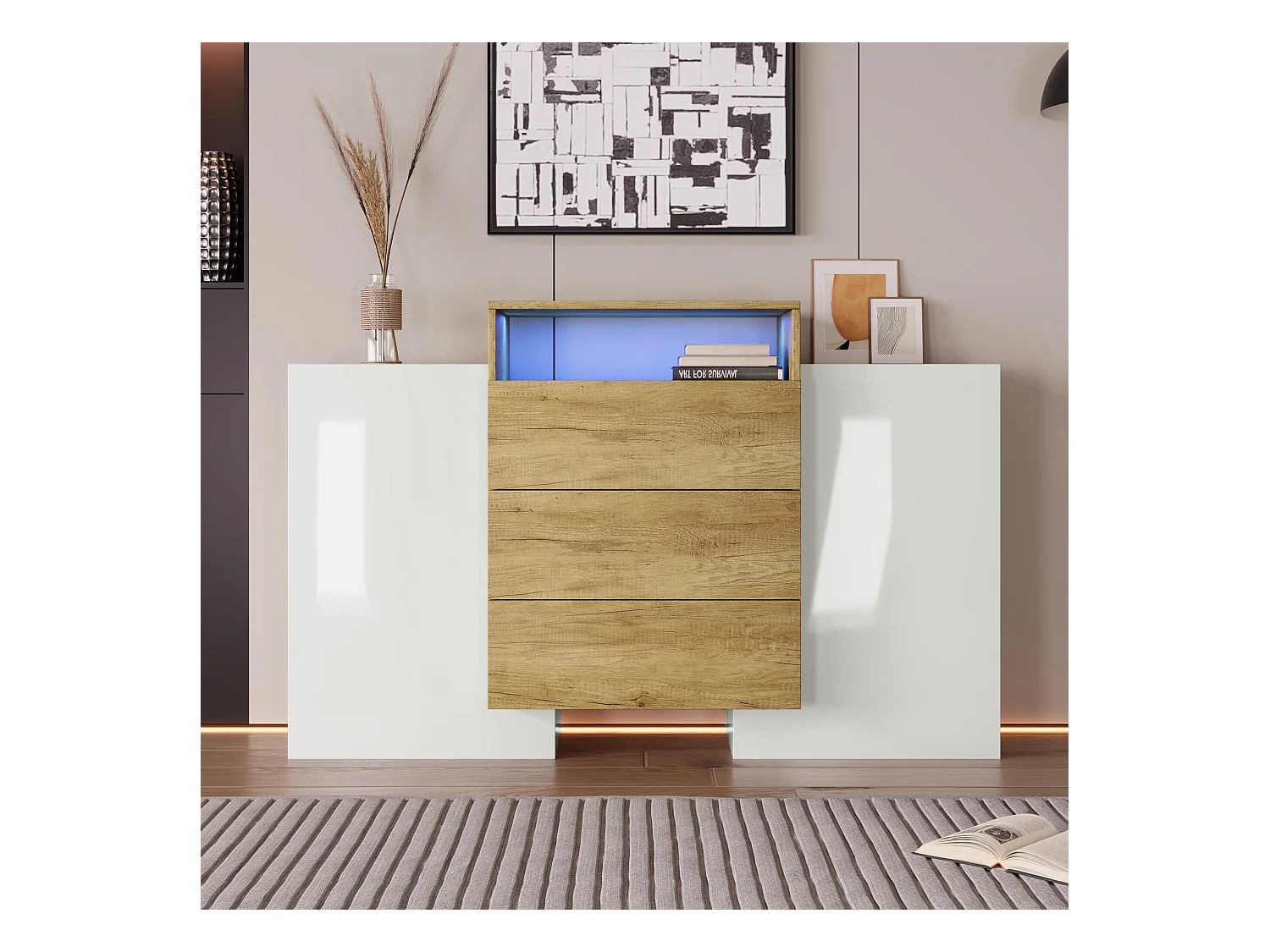 URBAN MEUBLE Buffet moderne blanc brillant et effet bois 2 portes, niche, 3 tiroirs avec éclairage