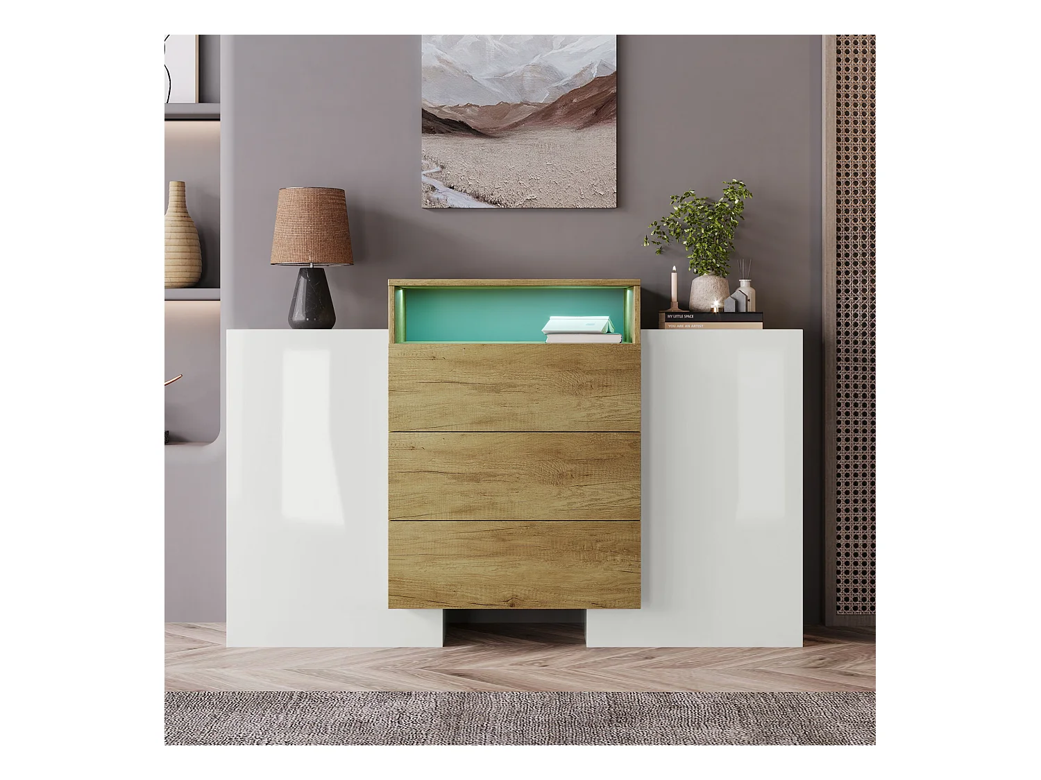 URBAN MEUBLE Buffet moderne blanc brillant et effet bois 2 portes, niche, 3 tiroirs avec éclairage