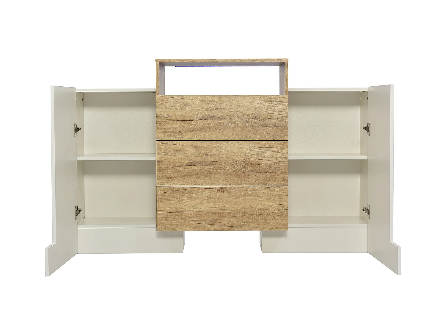 URBAN MEUBLE Buffet moderne blanc brillant et effet bois 2 portes, niche, 3 tiroirs avec éclairage