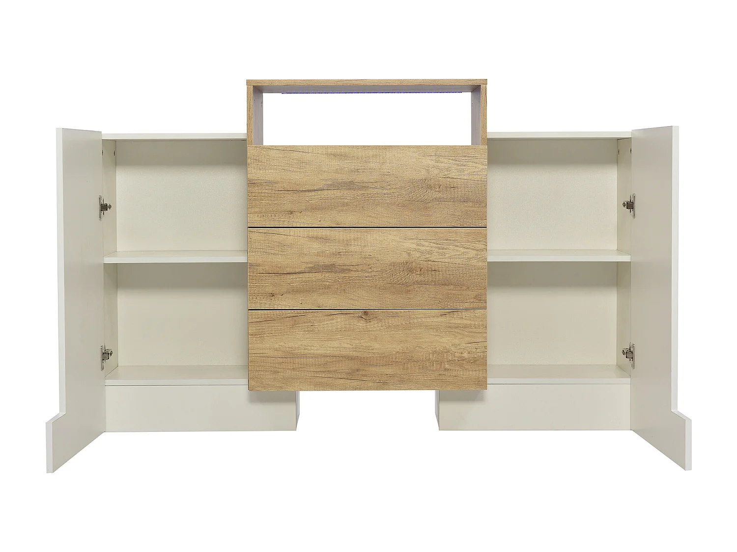 URBAN MEUBLE Buffet moderne blanc brillant et effet bois 2 portes, niche, 3 tiroirs avec éclairage