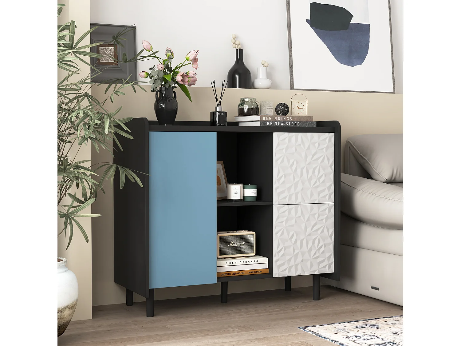 Credenza nera - Credenza con 2 cassetti e 1 anta - 2 vani portaoggetti aperti - per sala da pranzo e soggiorno