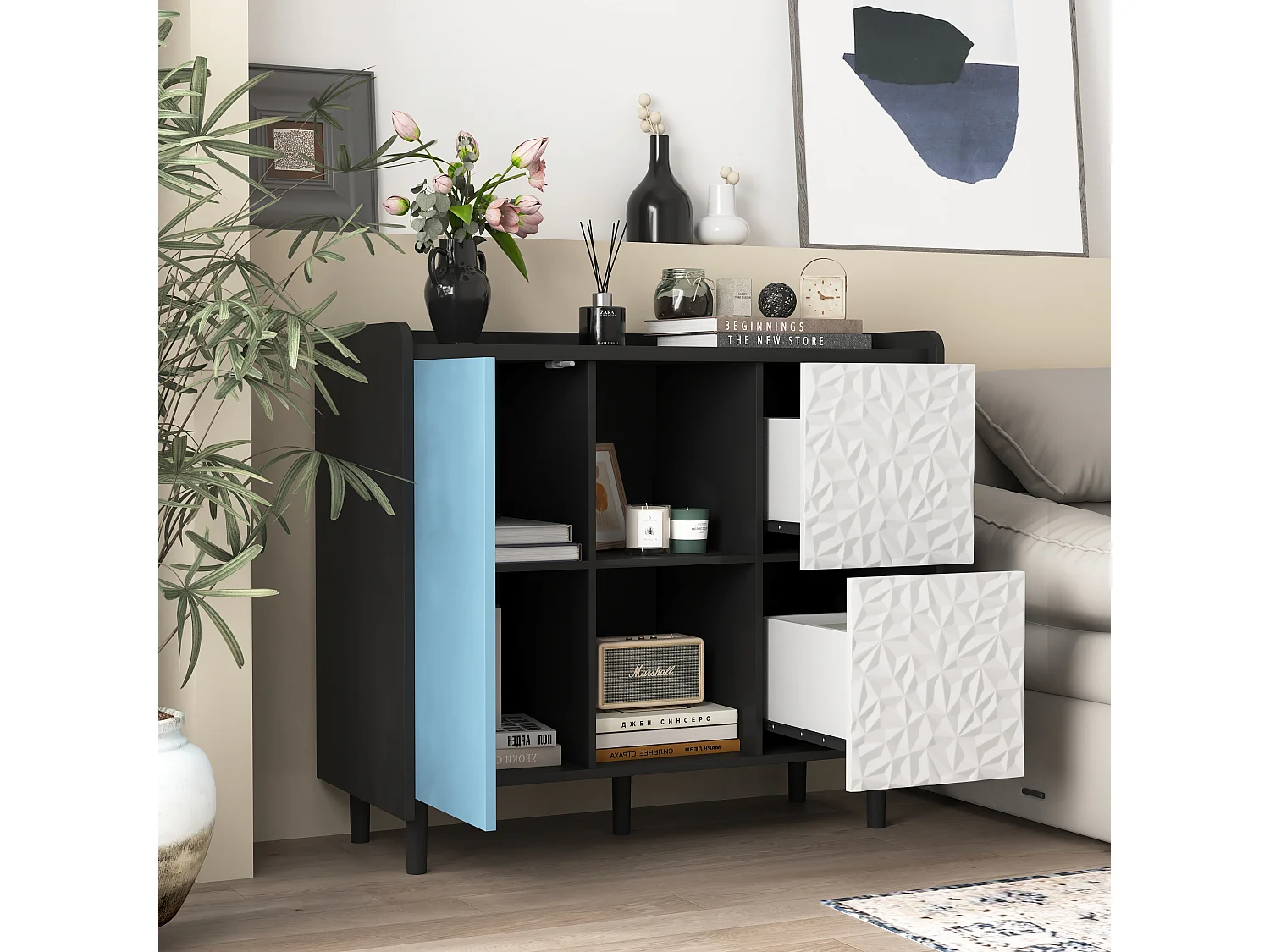 Credenza nera - Credenza con 2 cassetti e 1 anta - 2 vani portaoggetti aperti - per sala da pranzo e soggiorno
