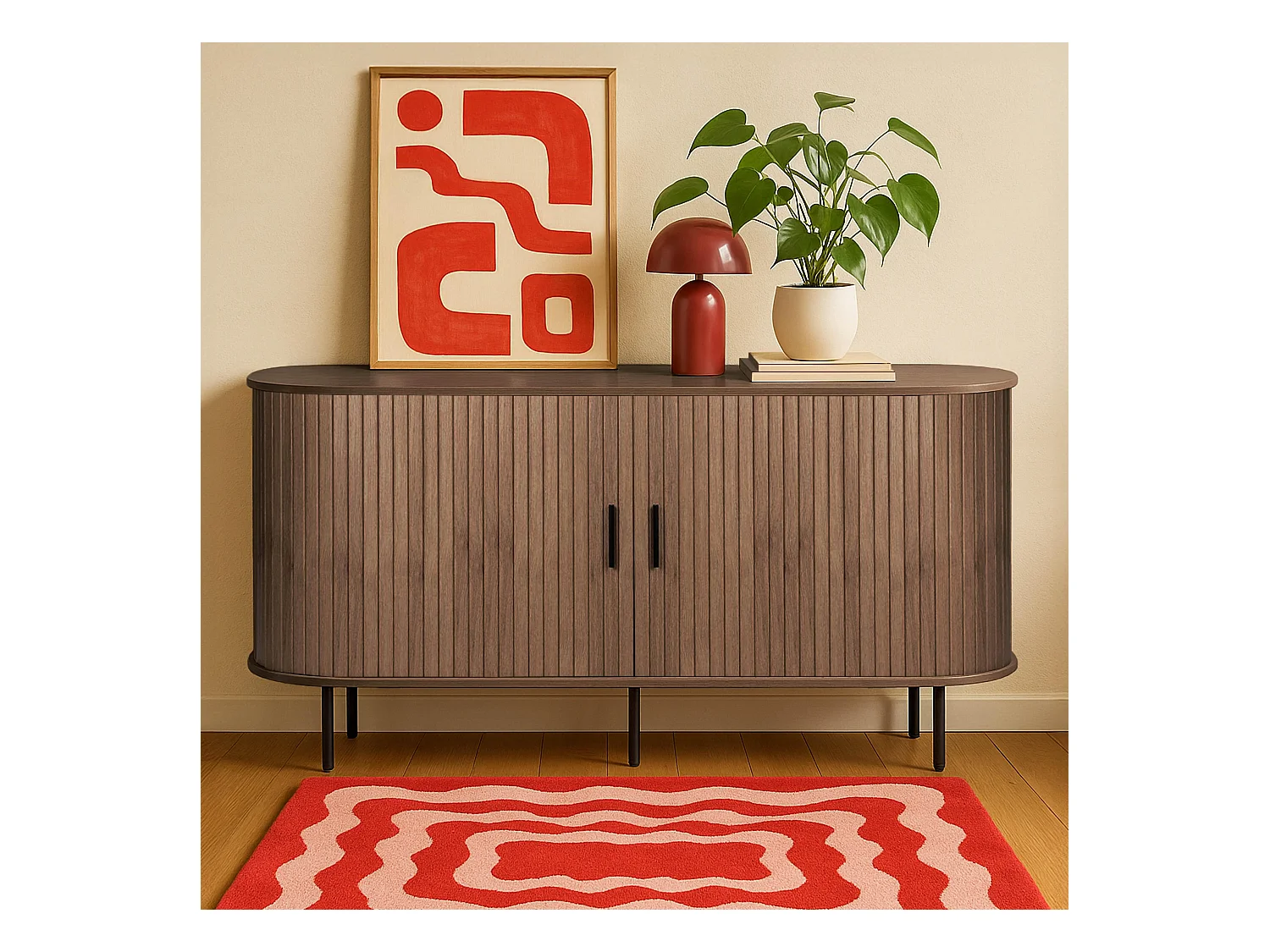 Buffet 2 portes en mélaminé et acier 140 cm noyer