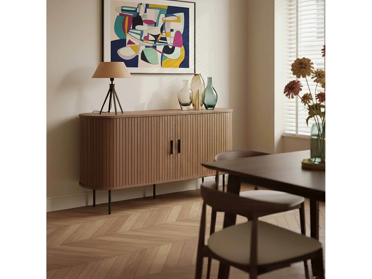 Buffet 2 portes en mélaminé et acier 140 cm noyer