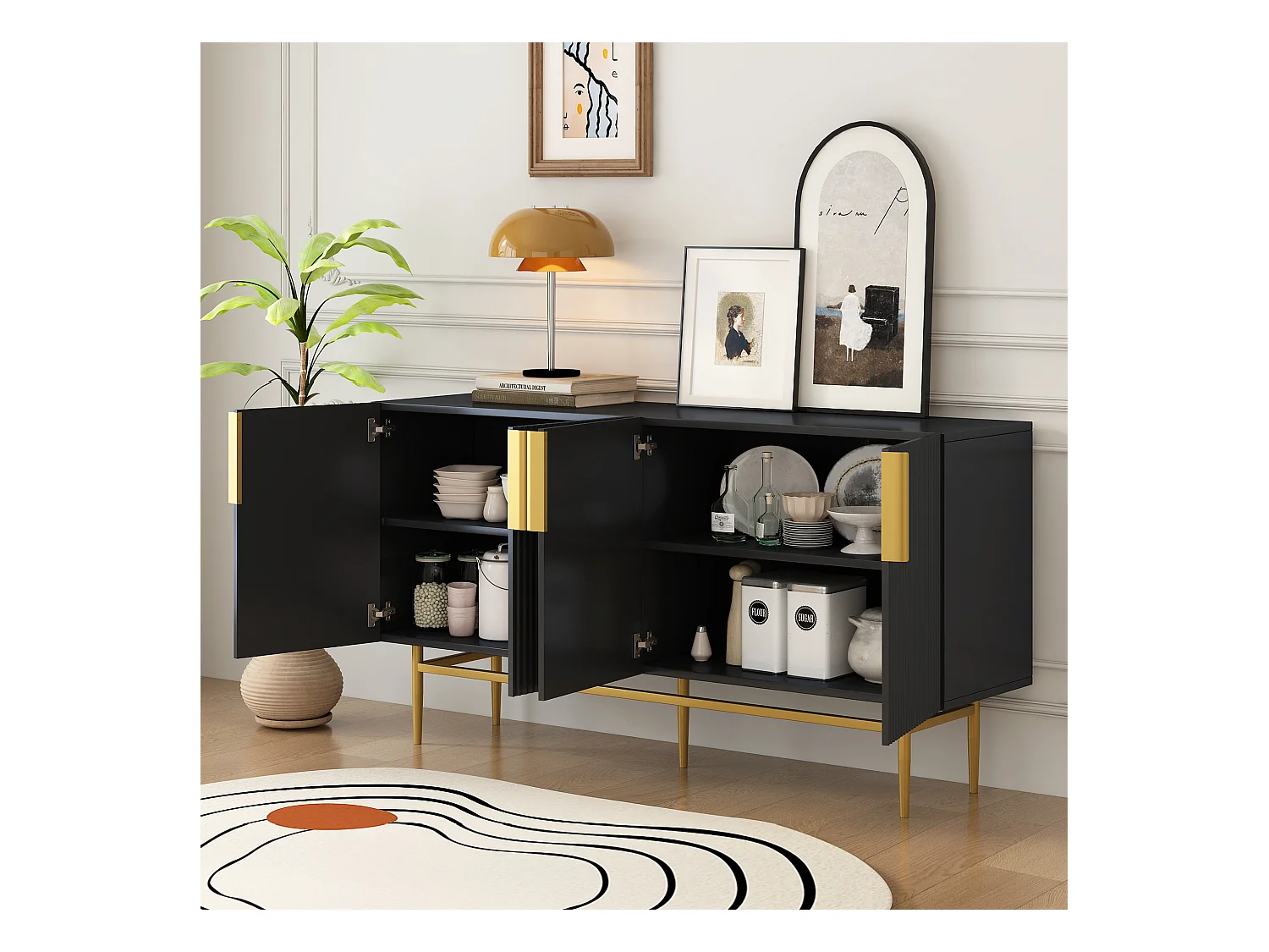 URBAN MEUBLE Buffet noir design nervuré 4 portes avec accents dorés