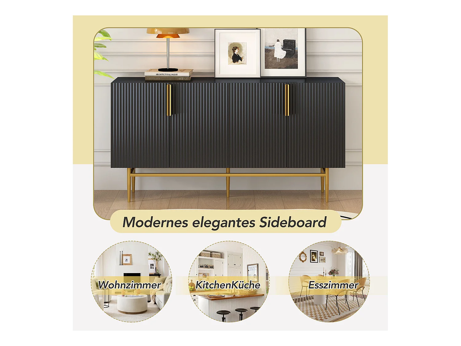 URBAN MEUBLE Buffet noir design nervuré 4 portes avec accents dorés