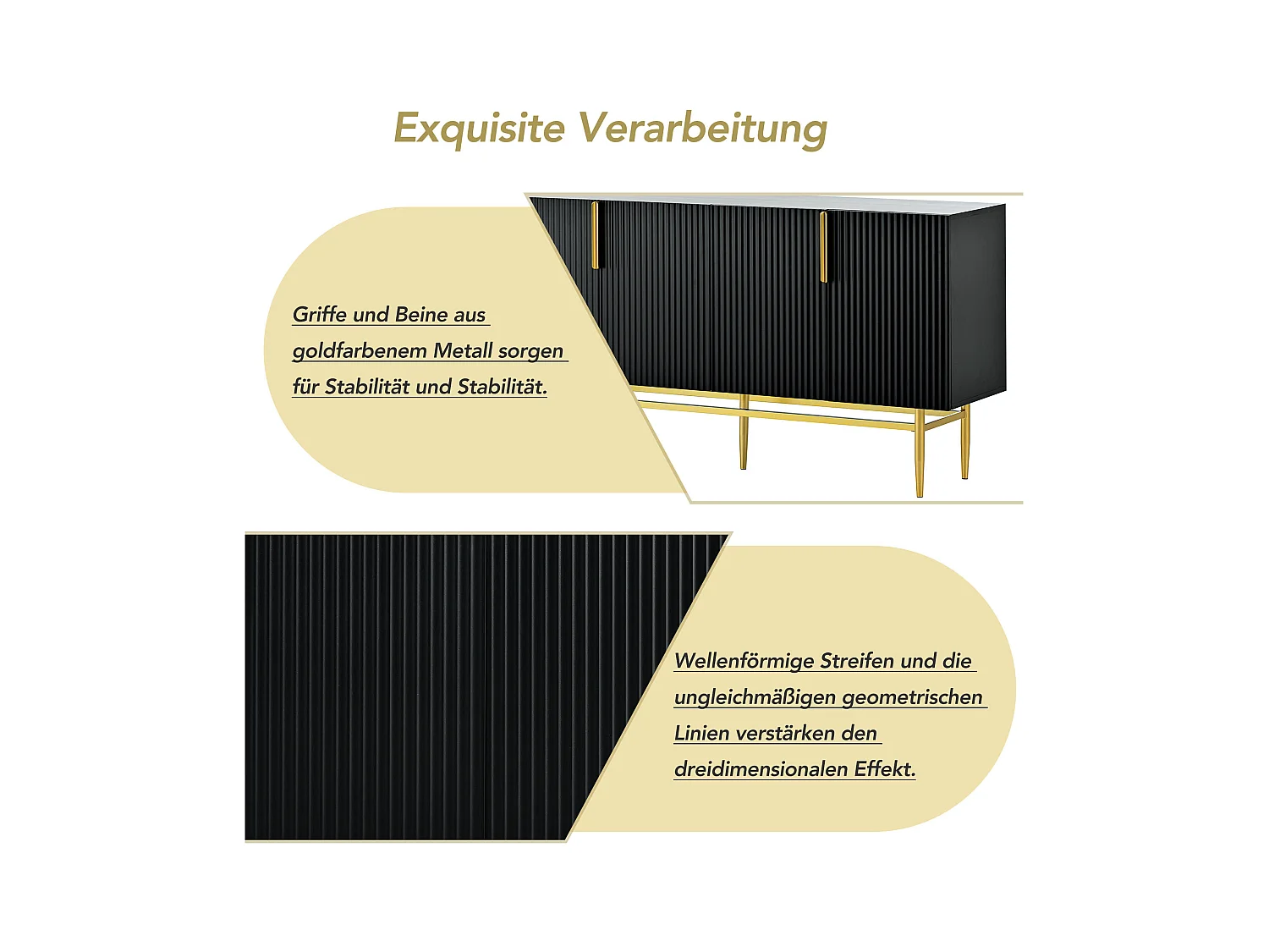 URBAN MEUBLE Buffet noir design nervuré 4 portes avec accents dorés