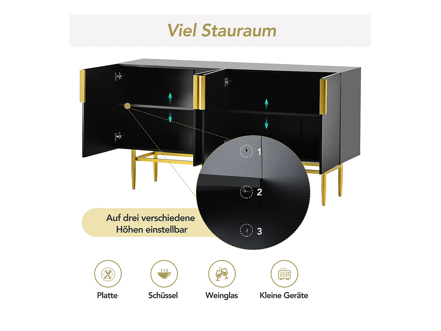 URBAN MEUBLE Buffet noir design nervuré 4 portes avec accents dorés