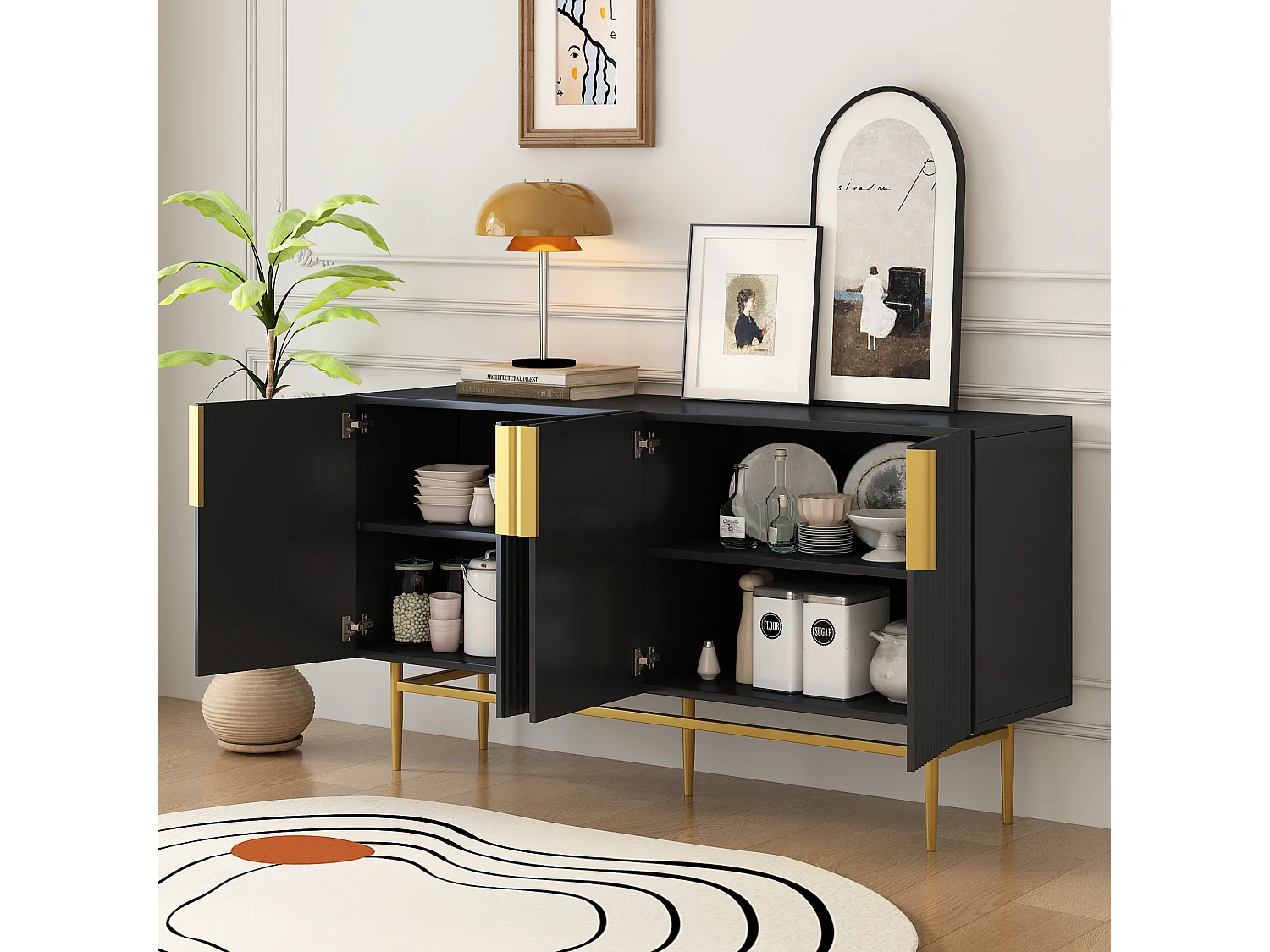 URBAN MEUBLE Buffet noir design nervuré 4 portes avec accents dorés